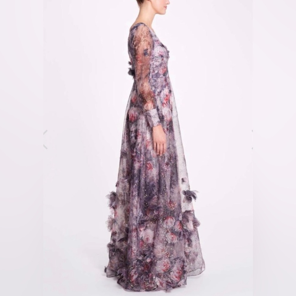 Marchesa Notte NEW Blouson Sleeve Foiled Floral Appliquéd 3D Organza Gown Sz 10 - Picture 9 of 16
